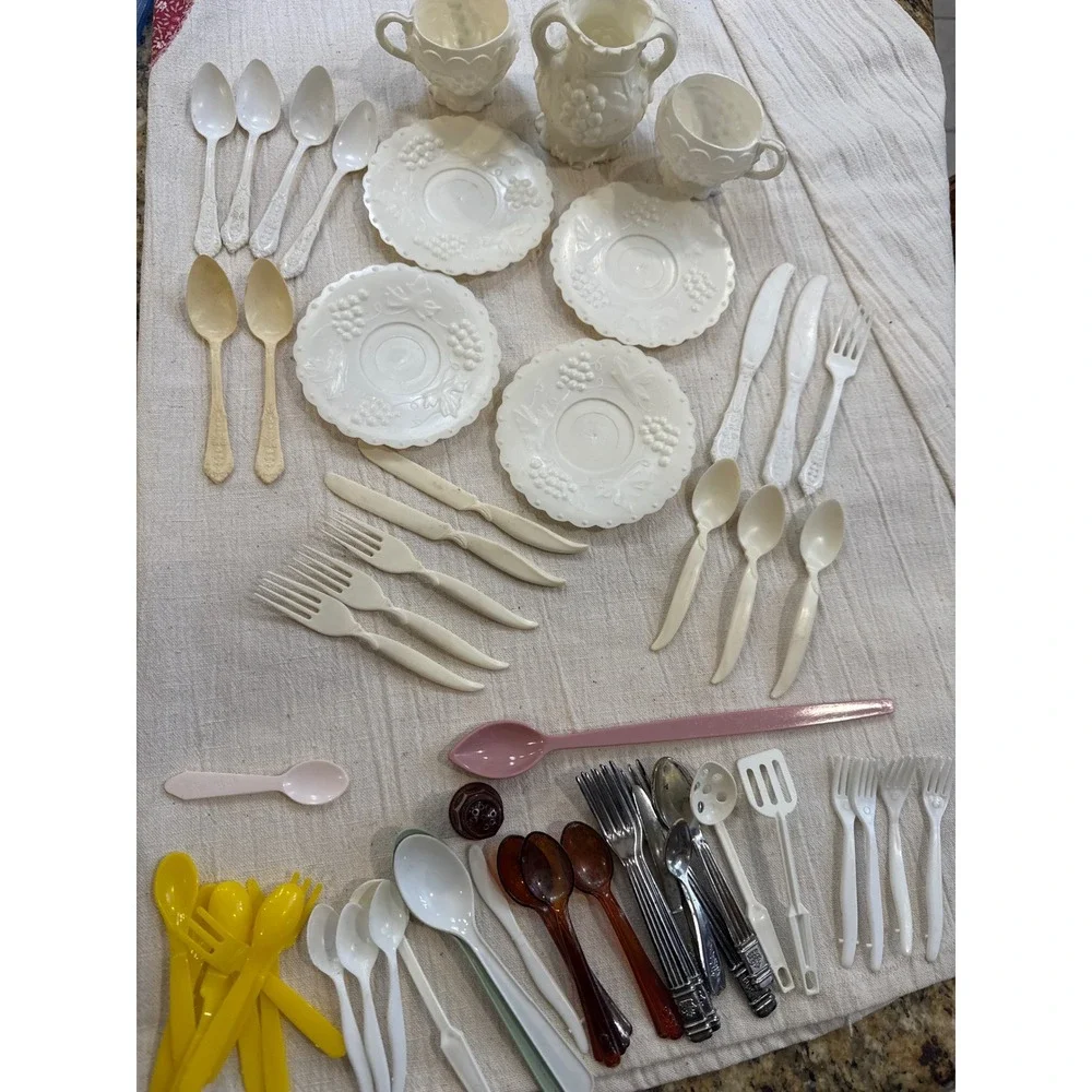 Vintage Toy Tea Set and Play Kitchen Utensils Lot Grape Pattern Plastic Retro